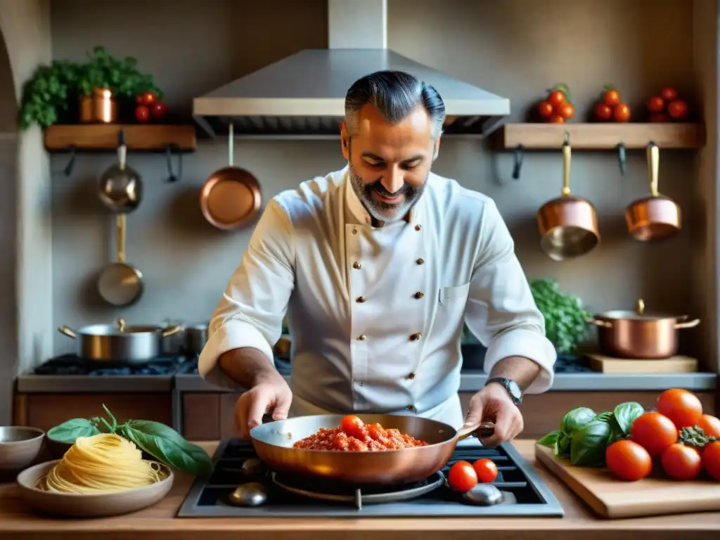 Un chef italiano en una cocina toscana tradicional, preparando pasta con pasión