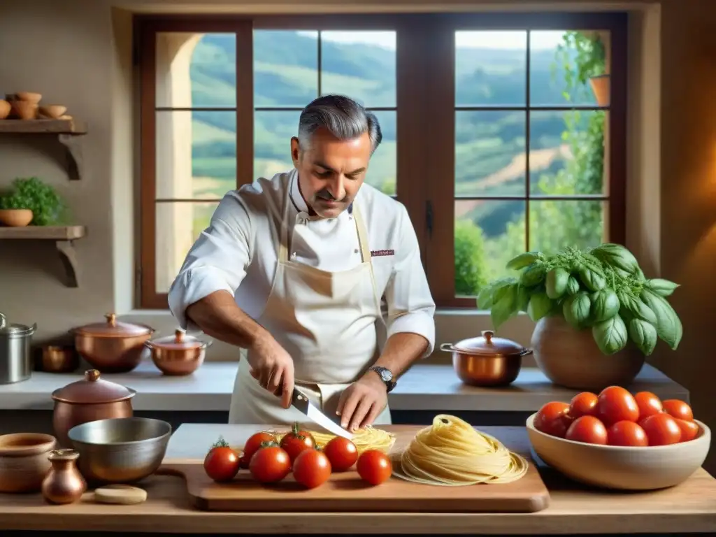 Un chef italiano en una cocina toscana tradicional, cortando pasta fresca