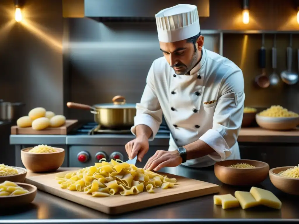 Un chef italiano hábil en su cocina tradicional, creando formas de pasta personalizadas con herramientas especializadas
