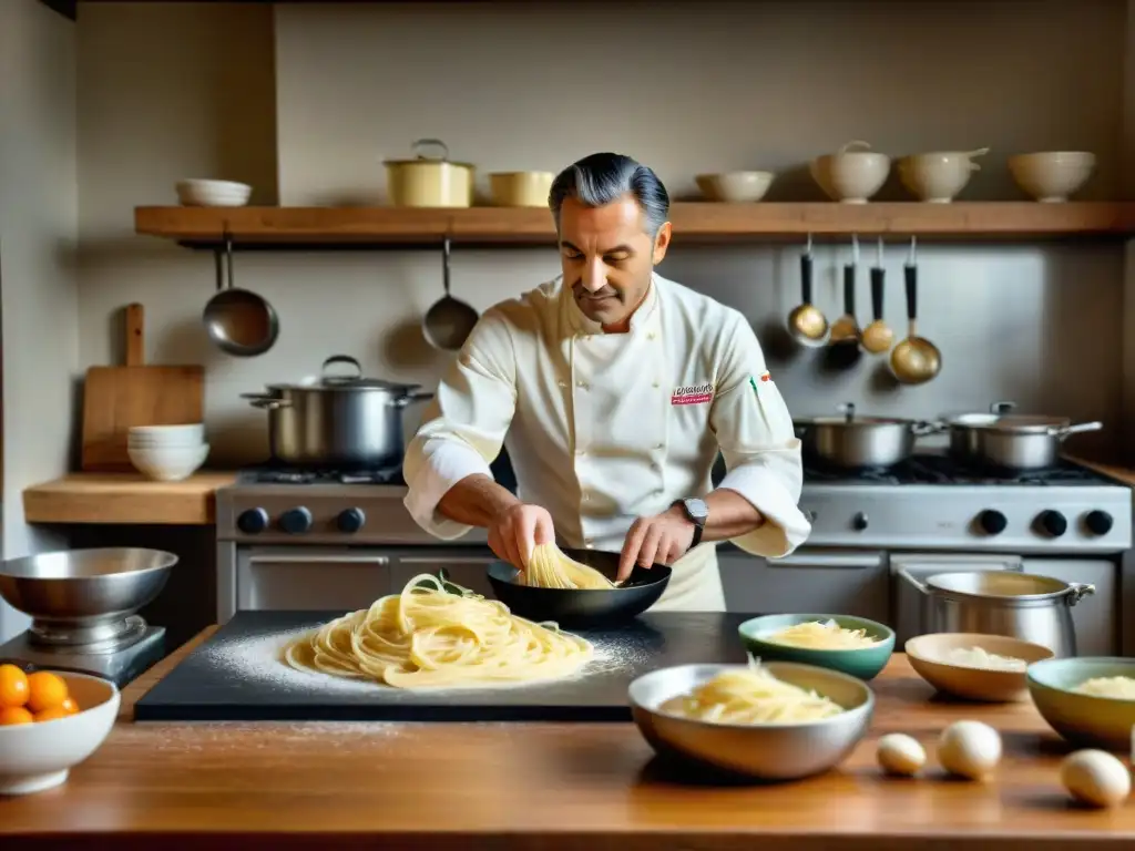 Un chef italiano prepara Fettuccine Alfredo en una cocina tradicional, mostrando la historia y la receta secreta