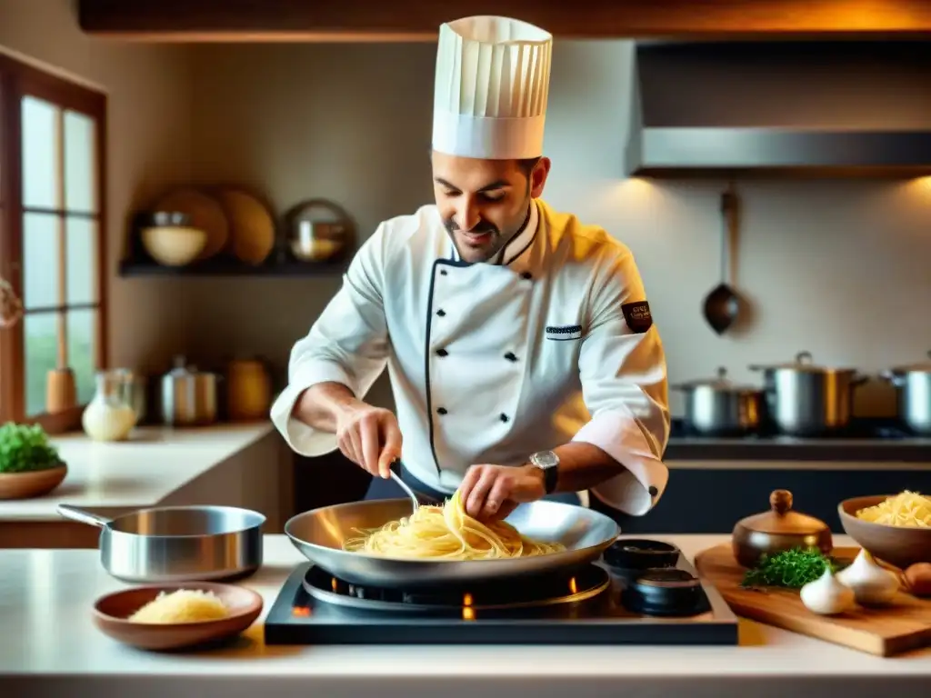 Chef italiano preparando Fettuccine Alfredo en cocina tradicional, receta secreta