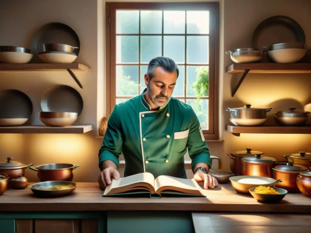 Un chef italiano en su cocina tradicional, rodeado de libros de recetas italianas chefs, concentrado en una receta antigua