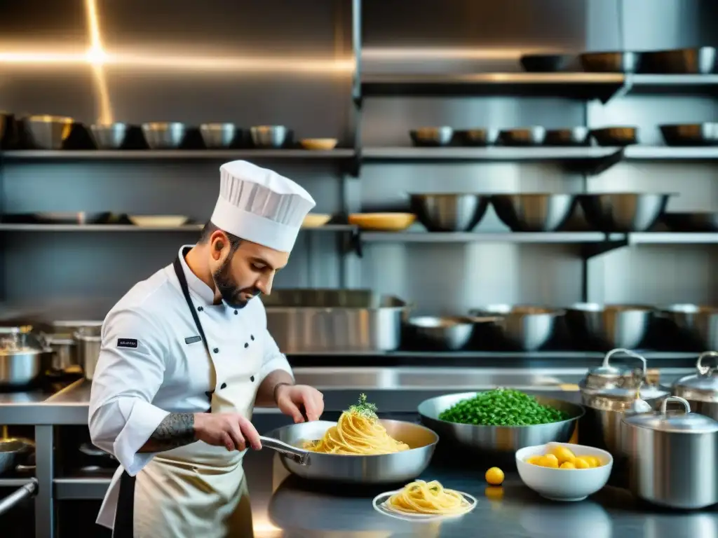 Un chef italiano reinterpretando la cocina tradicional con un toque moderno en una cocina industrial