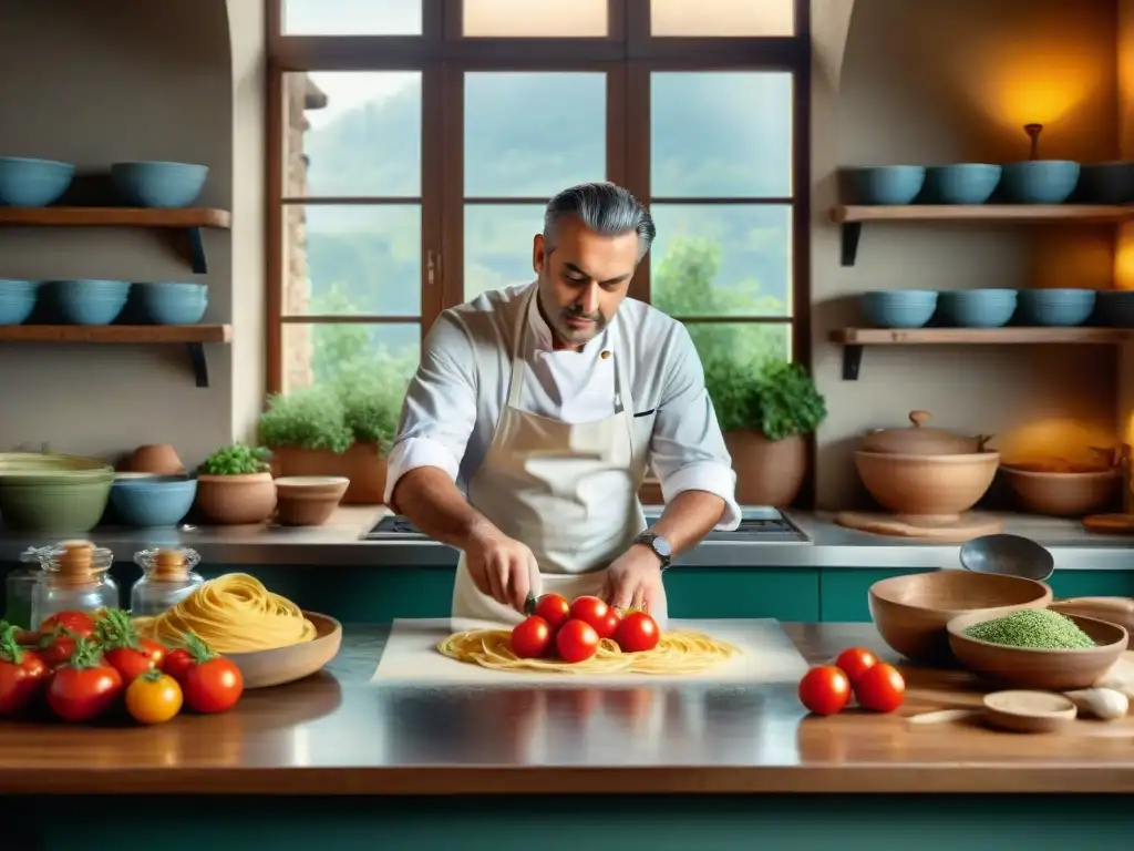 Un chef italiano en su cocina tradicional, preparando platos auténticos con ingredientes frescos