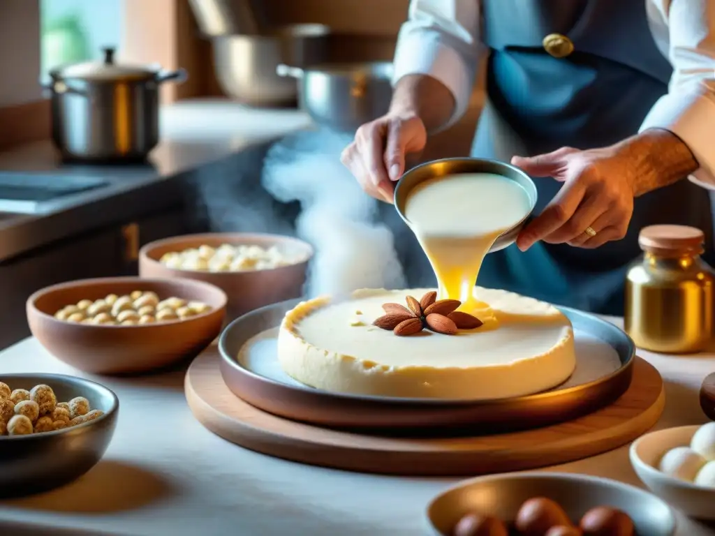 Un chef italiano en una cocina tradicional preparando torrone con utensilios auténticos