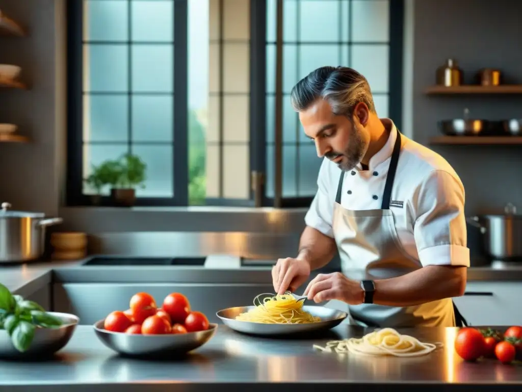 Un chef italiano reinventa la comida rápida en una cocina moderna, creando un plato gourmet con precisión artesanal