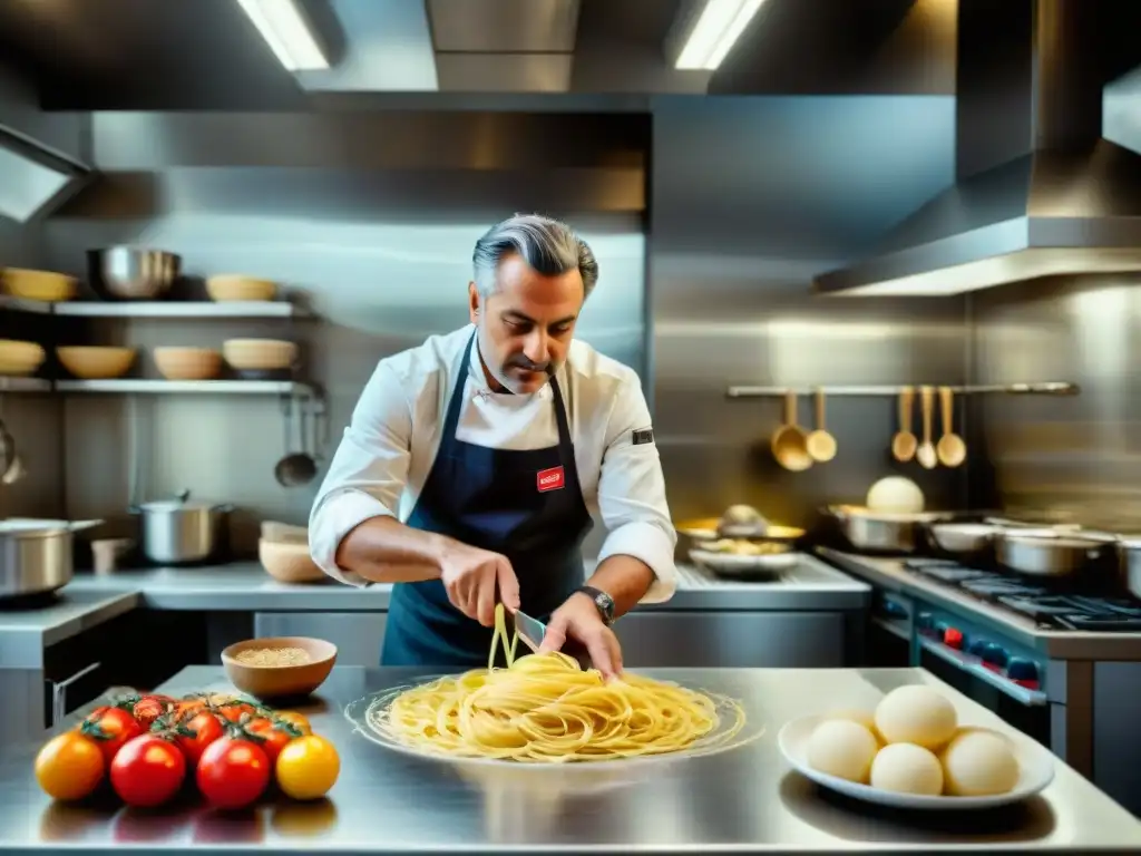 Chef italiano innovando la comida rápida, haciendo malabares con masa fresca