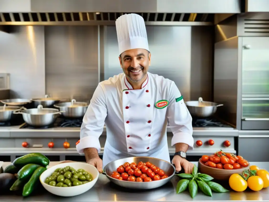 Un chef italiano preparando comida rápida italiana saludable en una bulliciosa cocina