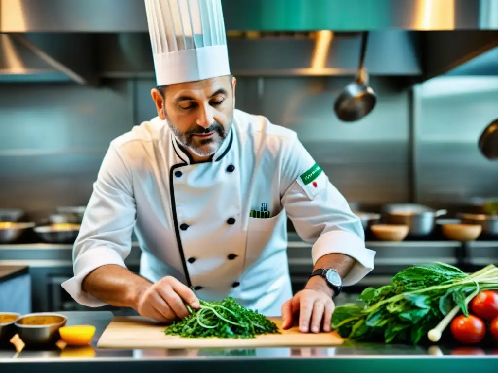 Chef italiano comprometido con la sostenibilidad preparando plato vibrante en cocina sostenible