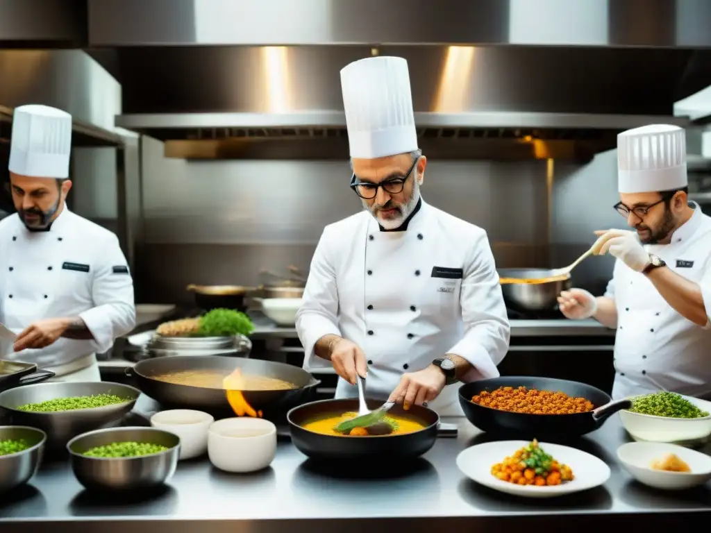 Un chef italiano contemporáneo celebra la pasión culinaria en su bulliciosa cocina, rodeado de su equipo experto