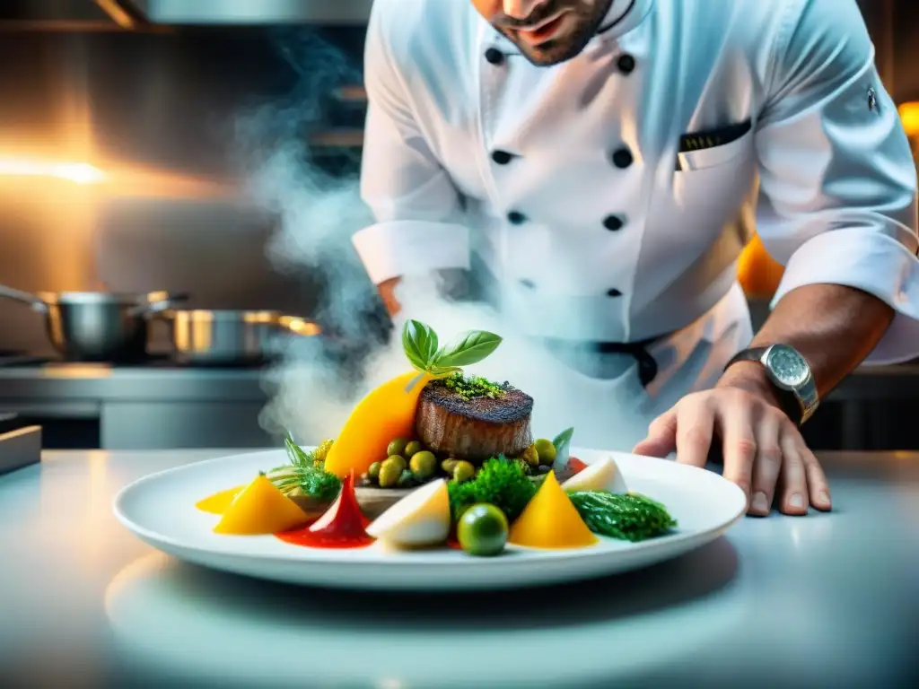 Un chef italiano contemporáneo crea un plato icónico con destreza en una cocina bulliciosa