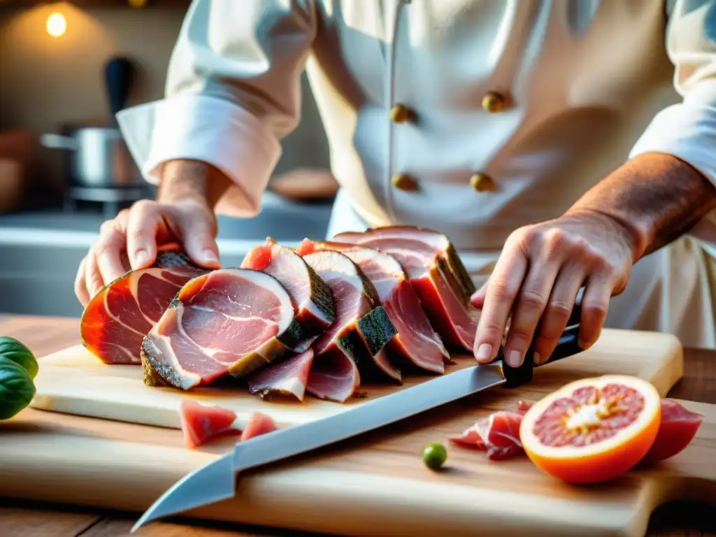 Un chef italiano cortando Coppa di Testa en Toscana, destacando su textura y marmoleado, en una escena culinaria auténtica