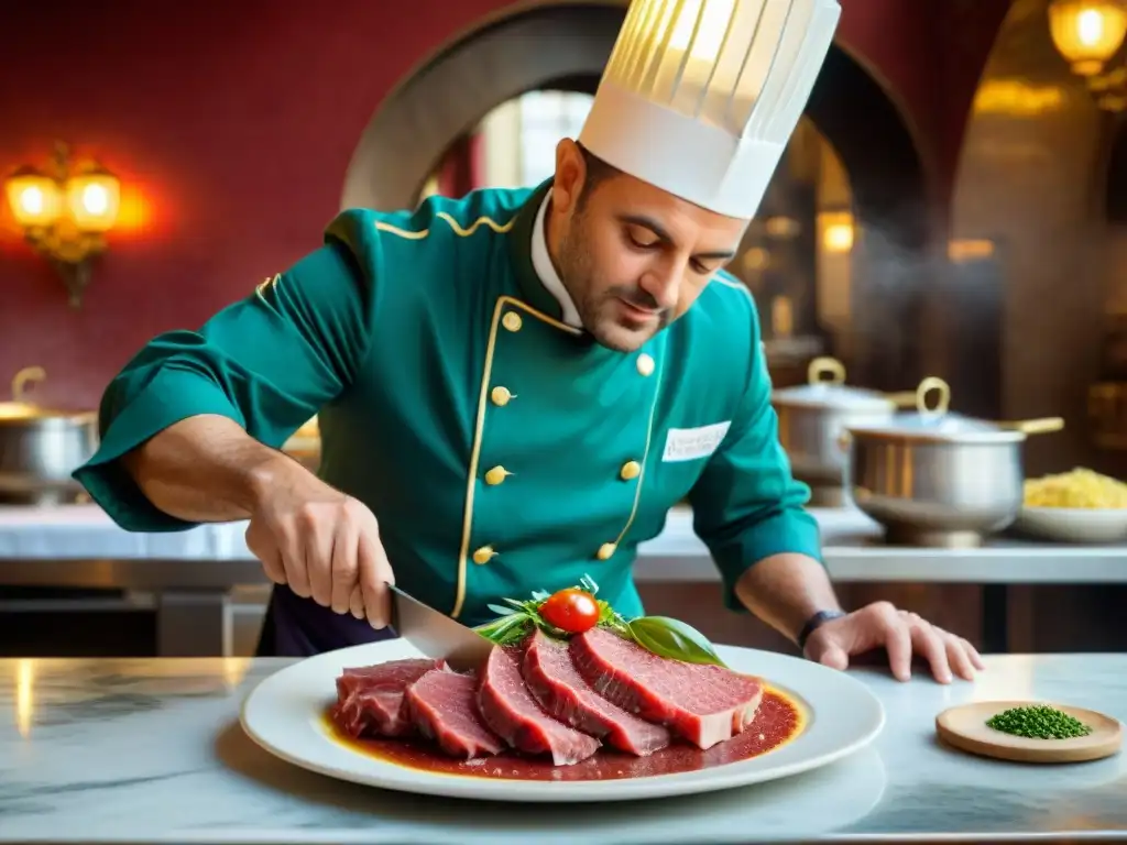 Un chef italiano corta finas lonchas de res para un Carpaccio en una trattoria en Venecia, destacando la tradición y destreza en la preparación