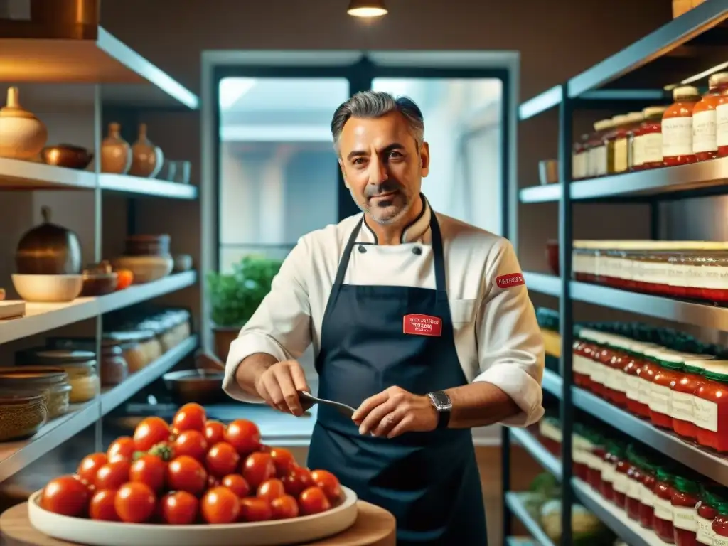 Un chef italiano corta tomates frescos en una cocina tradicional con productos DOP e IGP en una escena vibrante