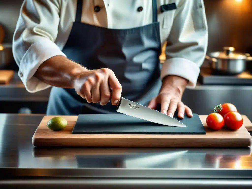 Un chef italiano afila un cuchillo brillante en piedra, demostrando las mejores técnicas de afilado de cuchillos en cocina