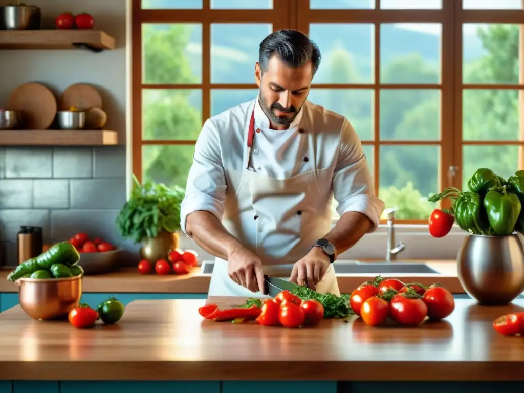 Un chef italiano reduce desperdicio en cocina, cortando pimiento rojo con destreza