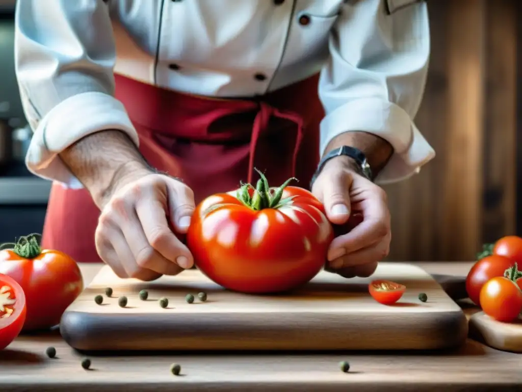 Chef italiano reduce desperdicios al pelar tomate maduro sobre tabla de madera rústica