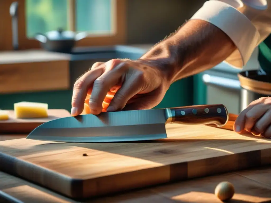 Un chef italiano afila con destreza cuchillos de cocina italianos recomendados en una tabla de madera rústica