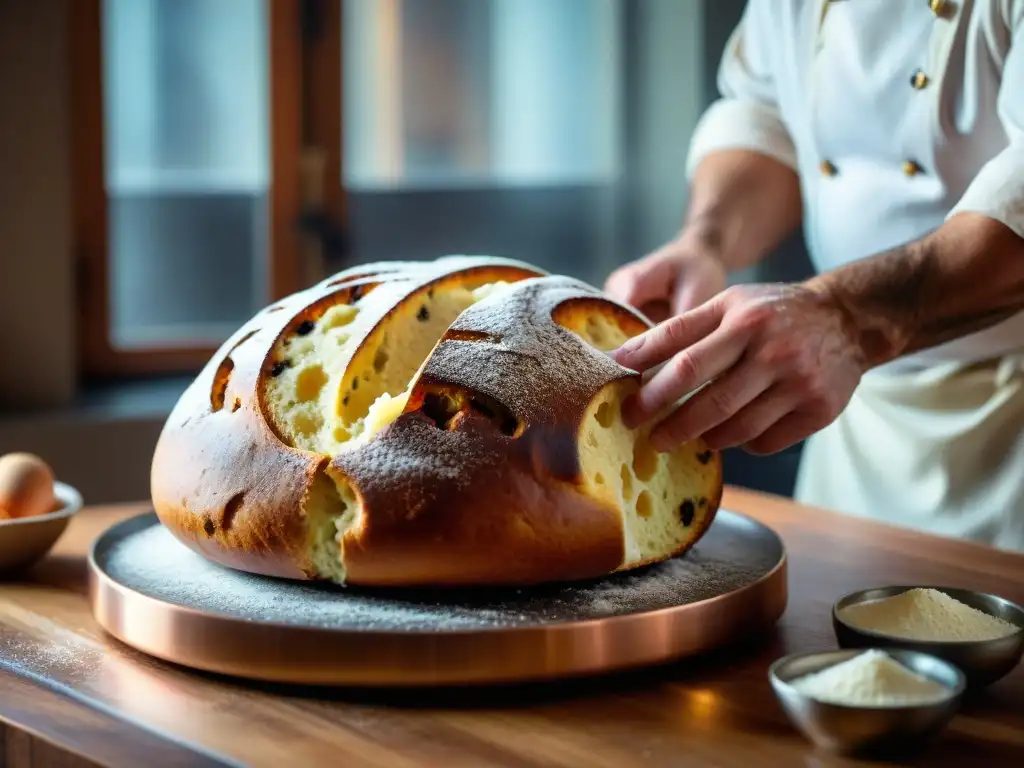 Un chef italiano moldea con destreza la masa del panettone tradicional, en una escena cálida y detallada