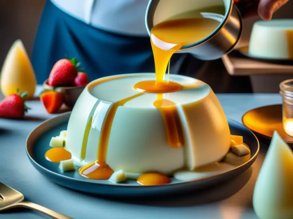 Un chef italiano vierte con destreza una mezcla cremosa de panna cotta en moldes individuales, destacando la textura sedosa del postre