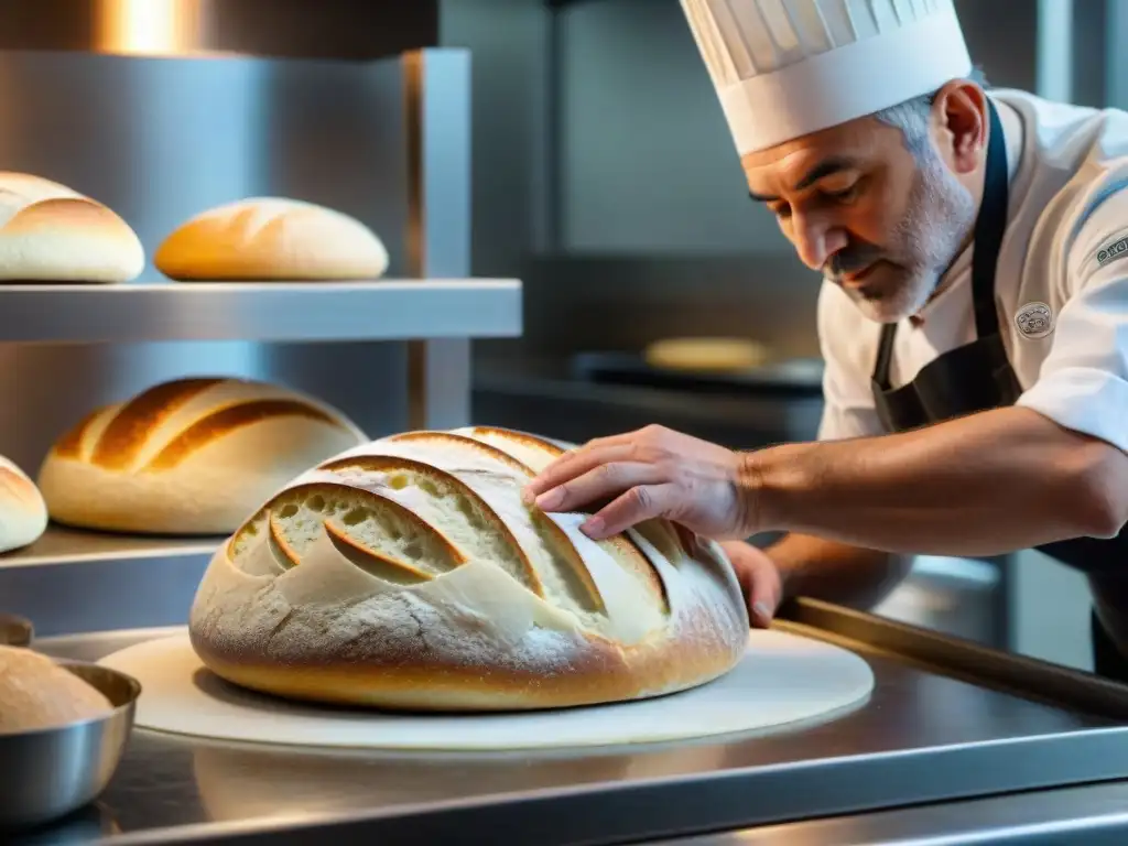 Un chef italiano moldea con destreza pan de masa madre, fusionando técnicas tradicionales con tendencias modernas cocina italiana fermentación