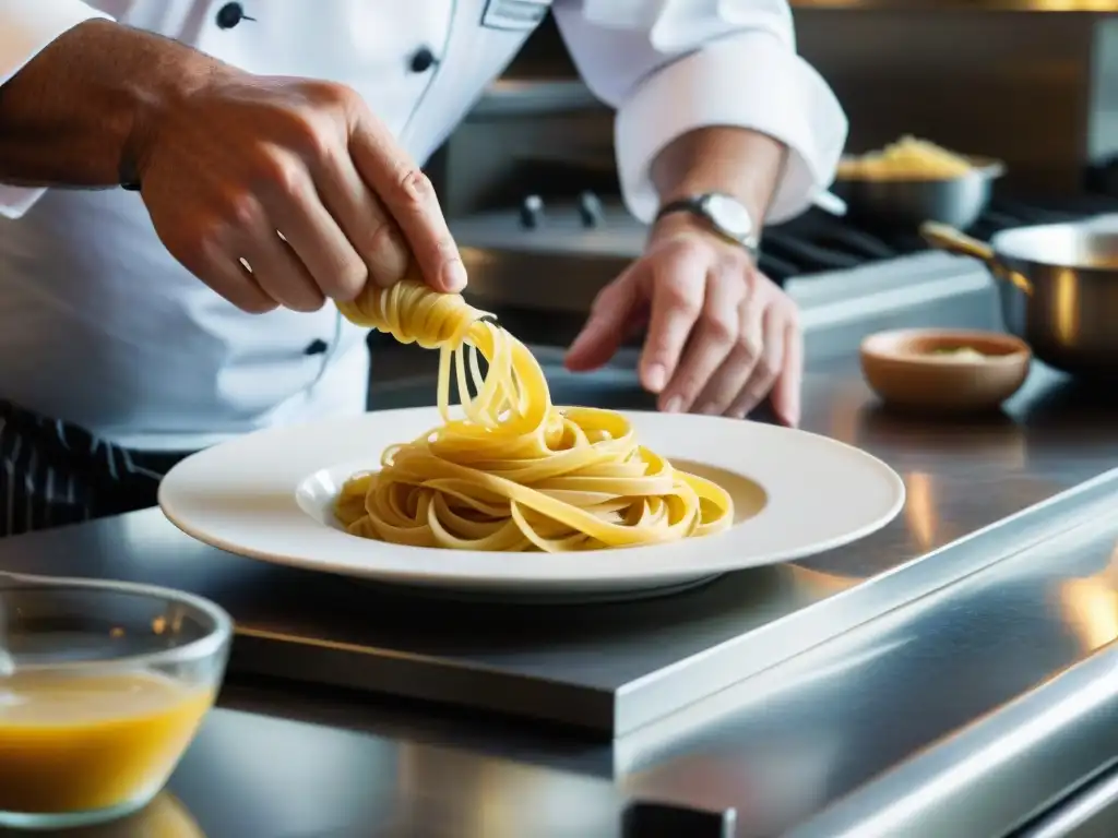 Un chef italiano crea con destreza un plato de pasta, mostrando el arte culinario en restaurantes italianos