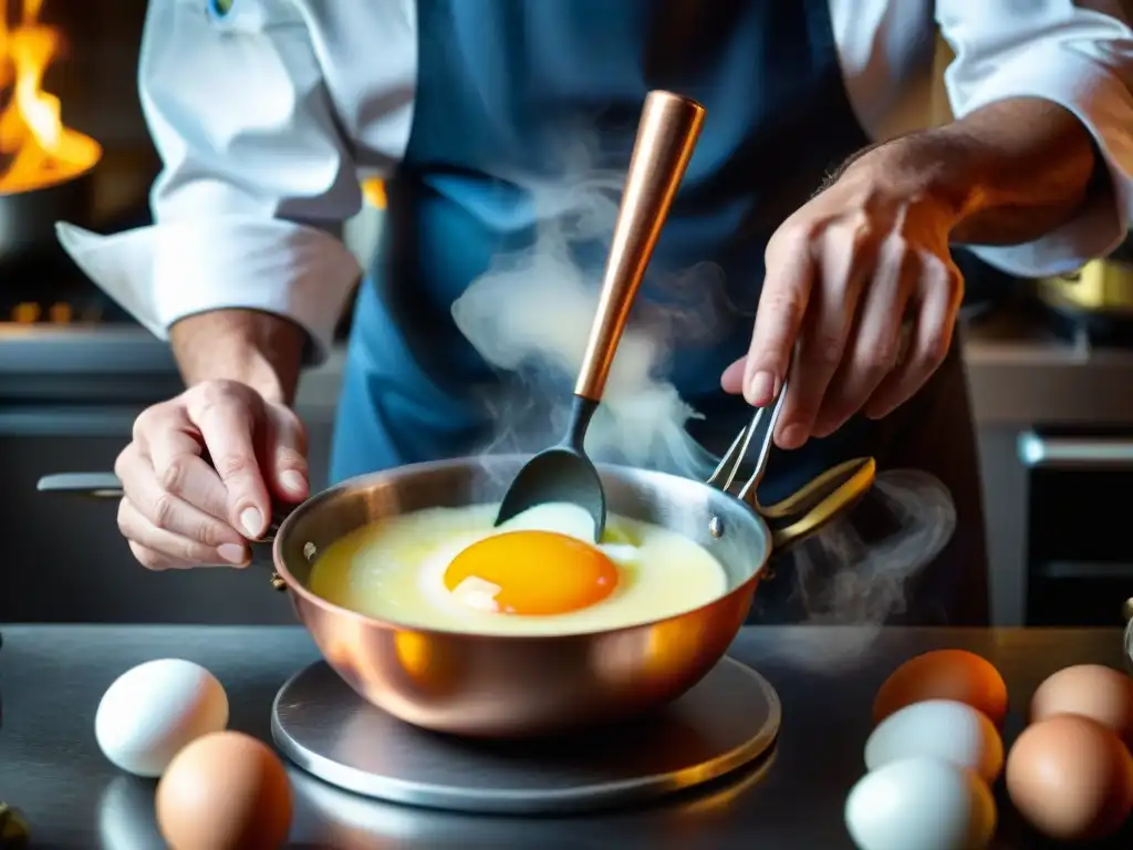 Chef preparando zabaglione italiano con pasión y destreza sobre llama suave