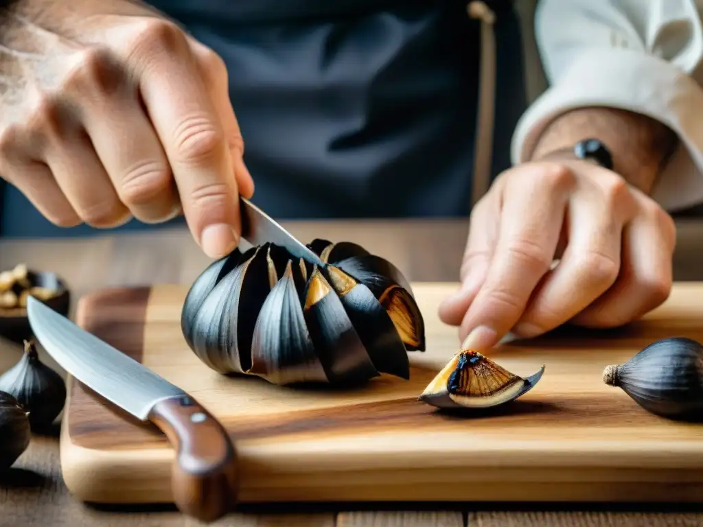 Un chef italiano cortando expertamente un diente de ajo negro con un cuchillo vintage, mostrando la fermentación ajo negro cocina italiana