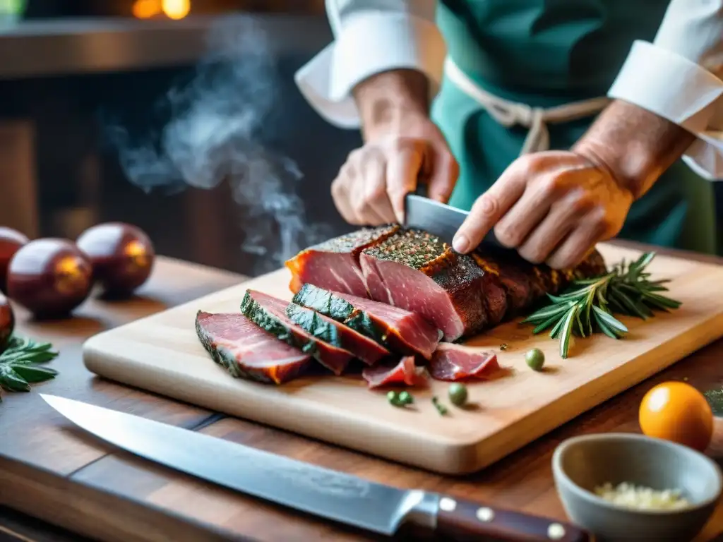 Chef italiano cortando embutidos IGP en cocina tradicional de Italia