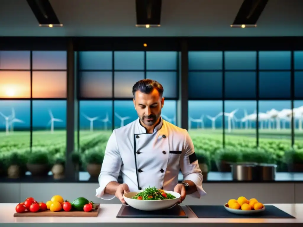 Chef italiano innovando energía renovable en cocina moderna rodeada de paneles solares y molinos eólicos