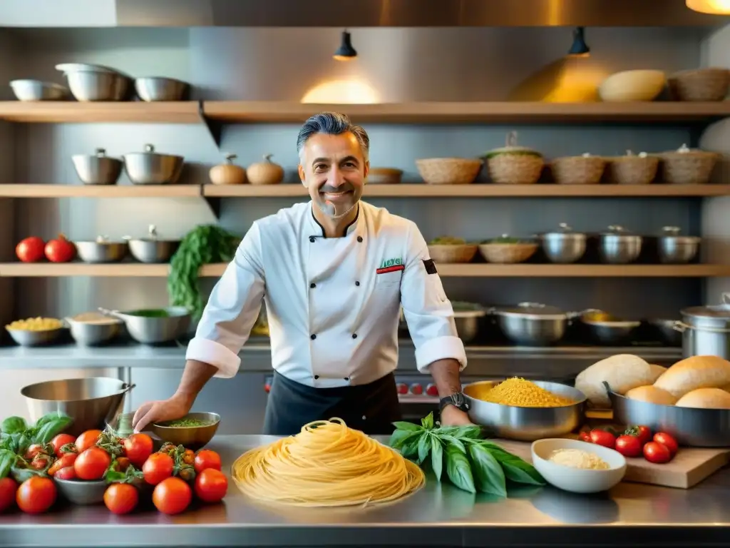 Un chef italiano enérgico cocina pasta con ingredientes orgánicos en una bulliciosa cocina