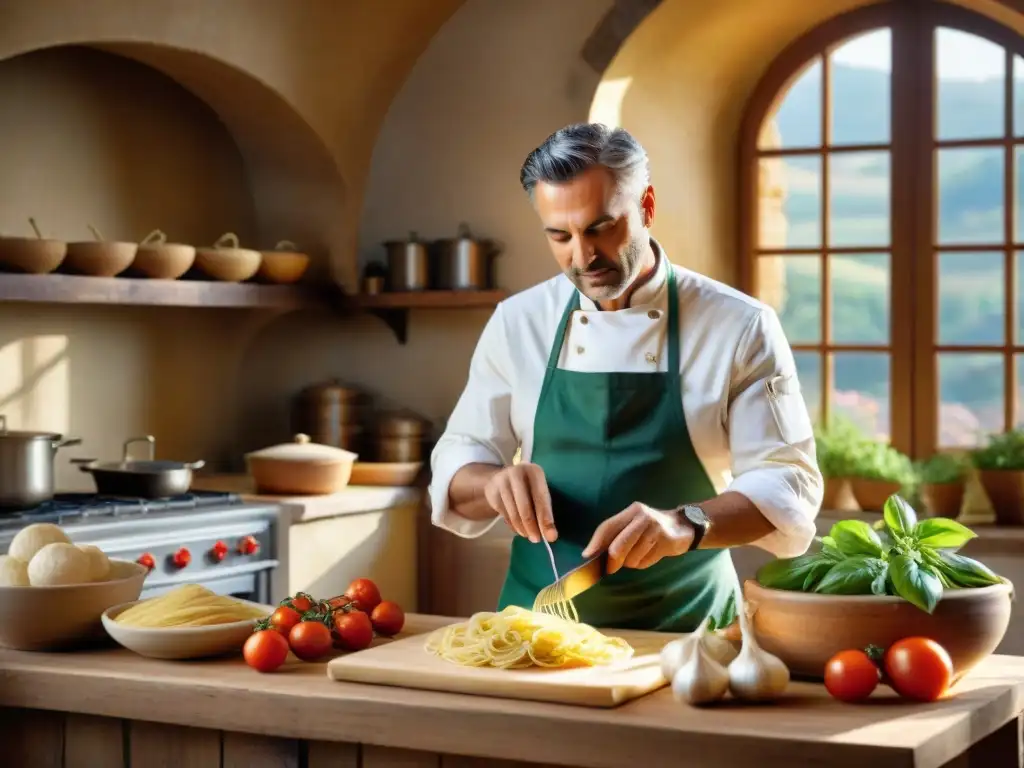 Un chef italiano enérgico enseña técnicas culinarias en una cocina toscana