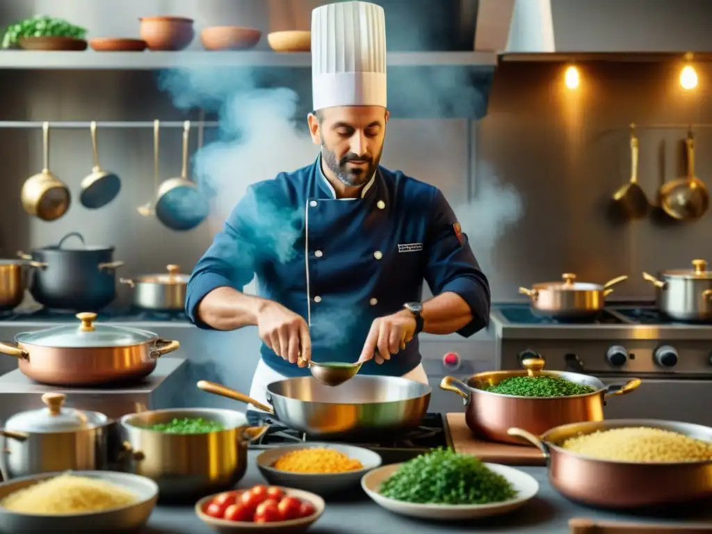 Un chef italiano dirige su equipo en una bulliciosa cocina, mientras canciones italianas para cocinar llenan el aire