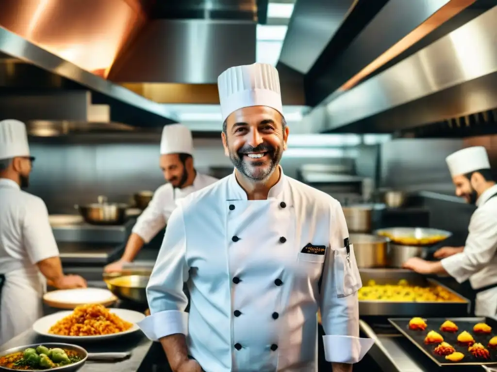 Un chef italiano lidera un equipo diverso en una cocina animada, transmitiendo la colaboración y la accesibilidad en la gastronomía de lujo