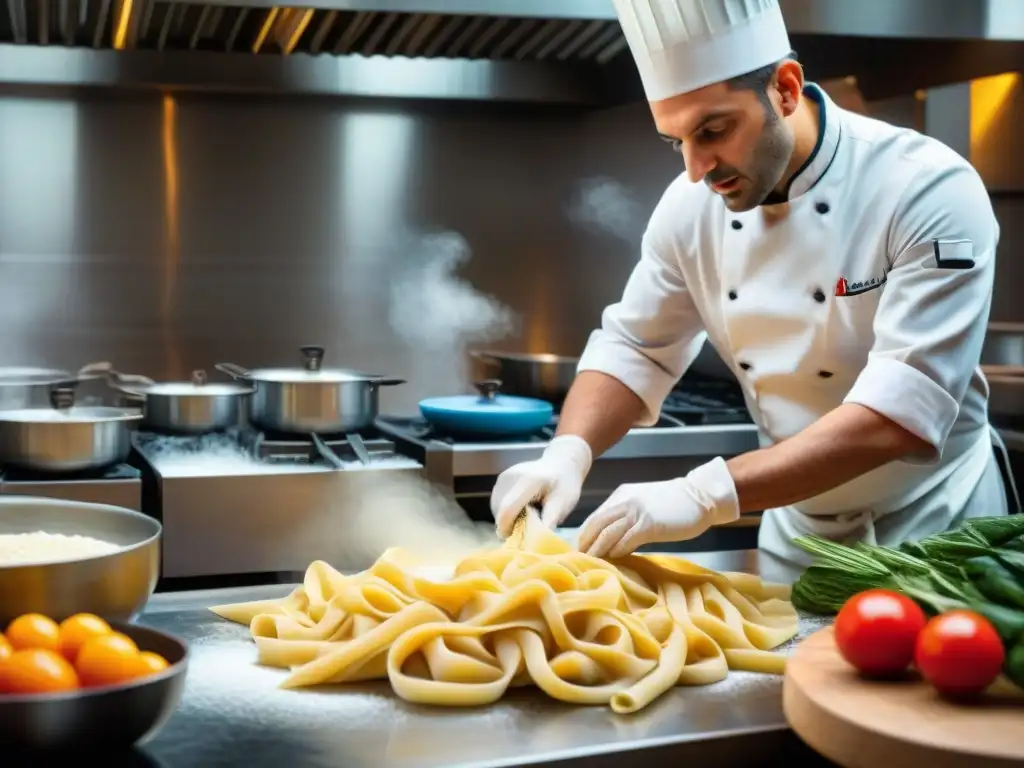 Un chef italiano y su equipo crean platos tradicionales con precisión y arte, mostrando estrategias chefs italianos éxito