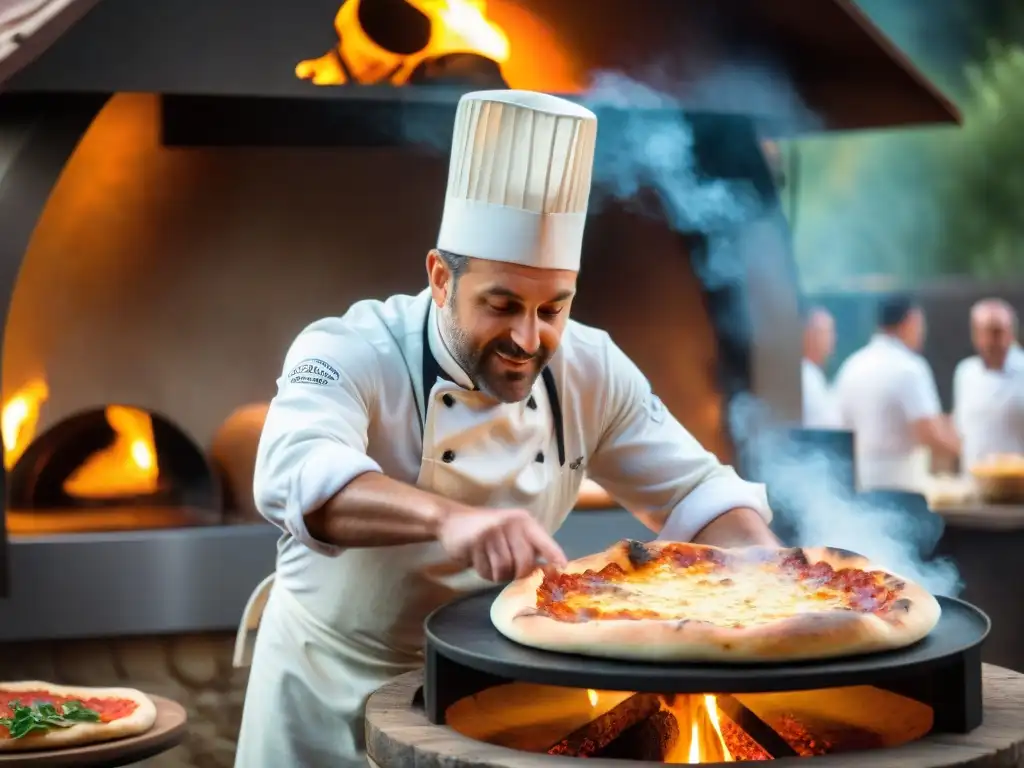 Un chef italiano en un evento, habilidoso con la masa de pizza, horno de leña al fondo y espectadores asombrados