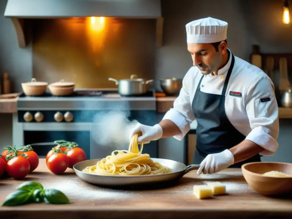 Un chef italiano para evento perfecto preparando pasta artesanal en su cocina rústica con ingredientes frescos