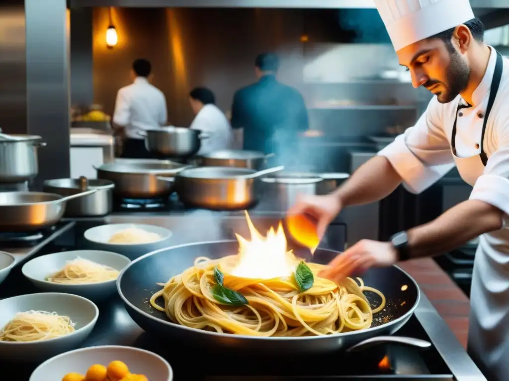 Chef italiano para evento perfecto: Cocina italiana bulliciosa durante la cena, con un chef experto preparando pasta fresca en una sartén en llamas