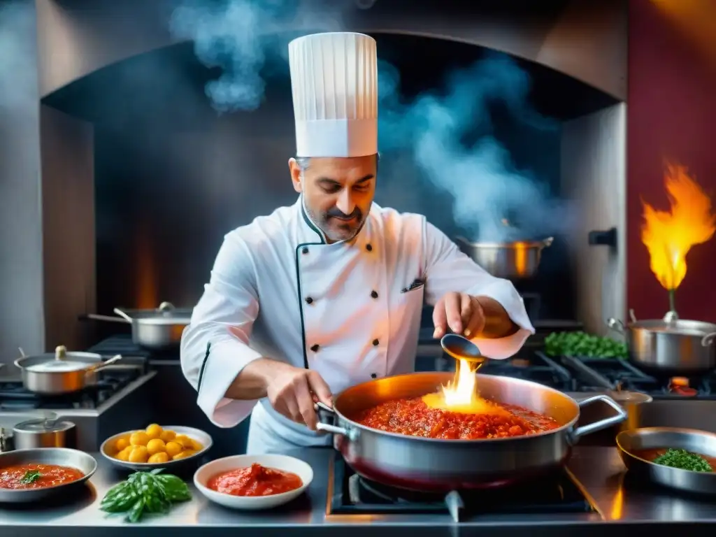 Un chef italiano exitoso en su cocina, rodeado de ingredientes frescos, preparando salsa de tomate con pasión