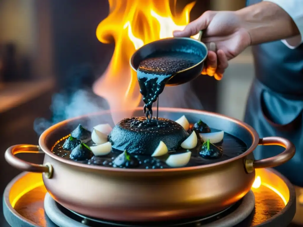 Un chef italiano experimentado remueve con destreza un risotto negro di seppia en una olla de cobre sobre una llama titilante