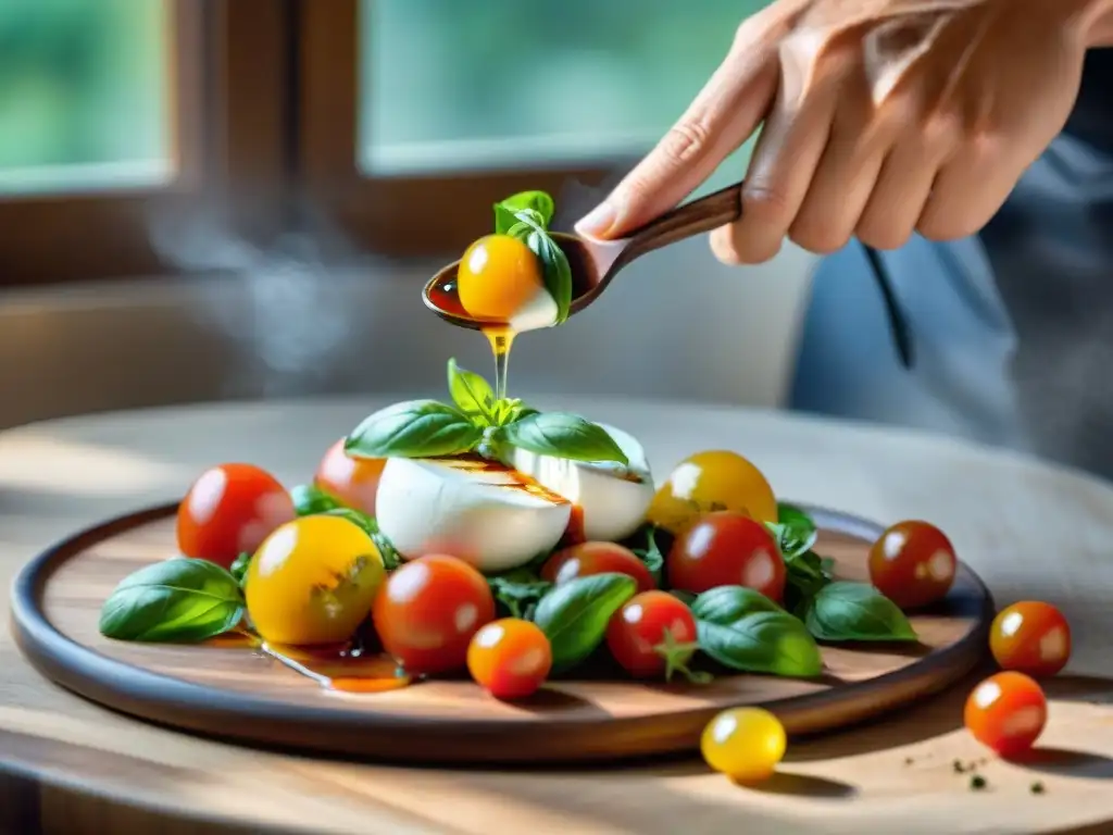 Un chef italiano experimentado adereza una ensalada Caprese con balsámico, destacando los Usos de aceites y vinagres en cocina italiana