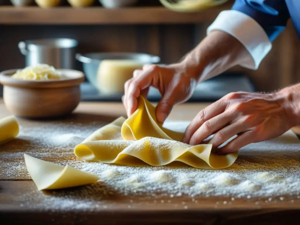 Un chef italiano experimentado elaborando pasta fresca con técnicas de cocina italiana tradicionales