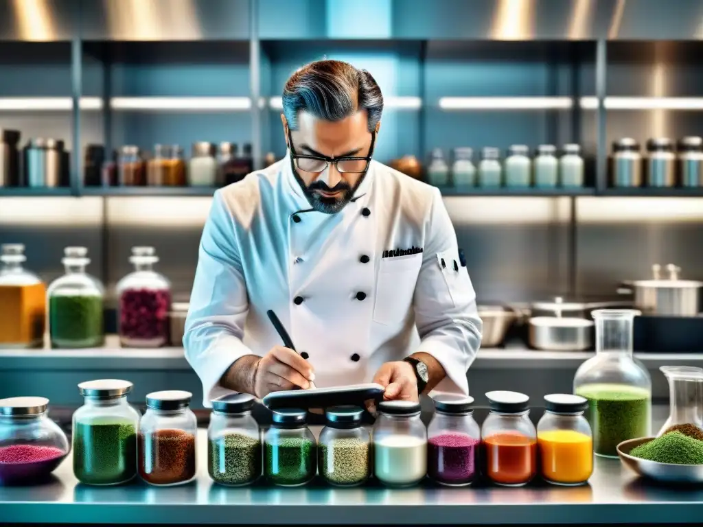 Un chef italiano realizando experimentos gastronómicos en un laboratorio culinario moderno