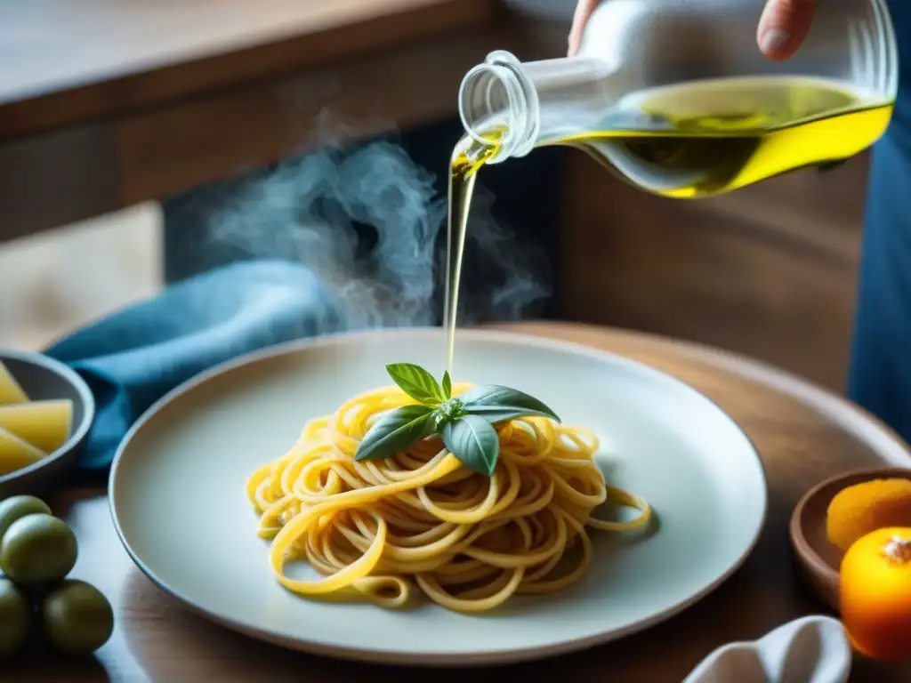 Un chef italiano experto rocía aceite de oliva virgen extra DOP sobre pasta fresca