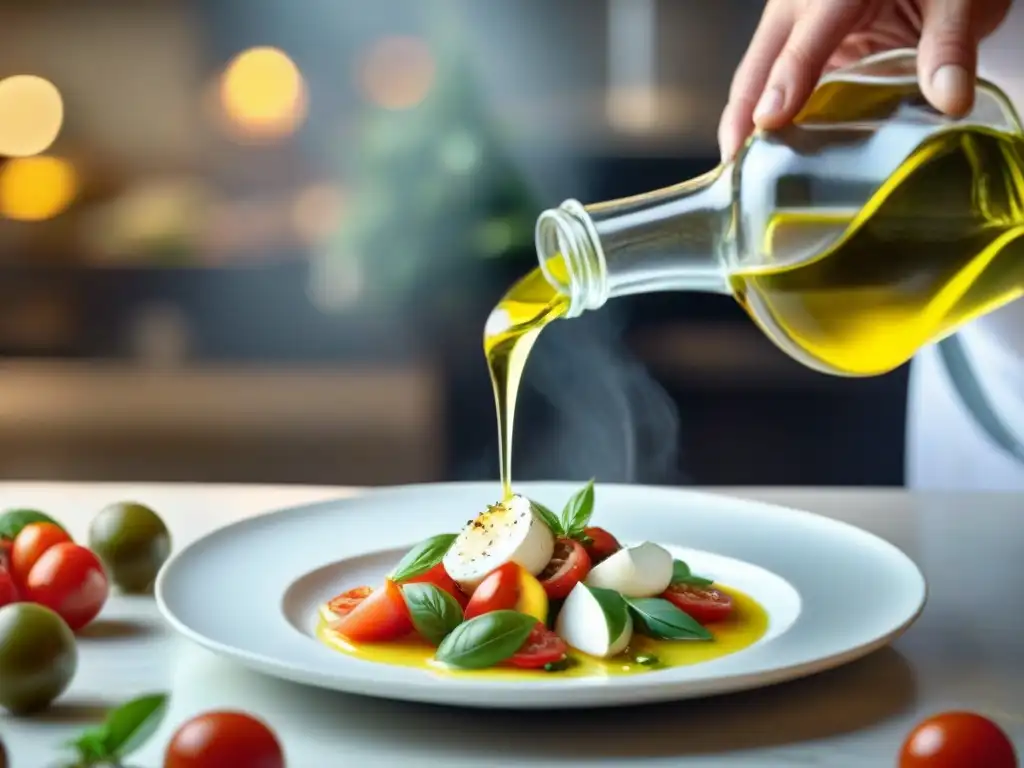 Un chef italiano experto utiliza aceite de oliva premium para realzar una colorida ensalada Caprese en una cocina profesional