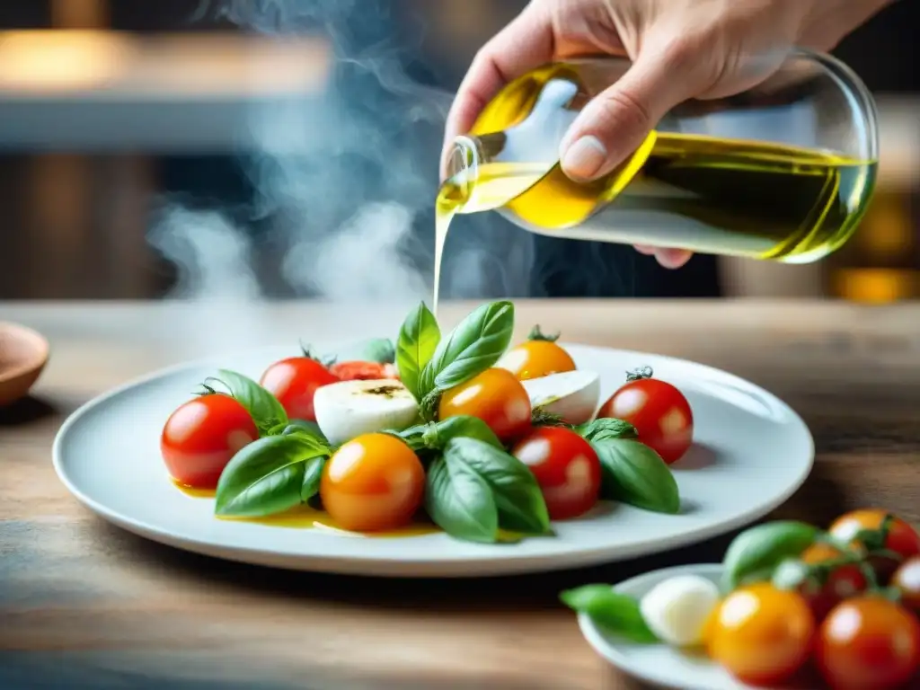 Un chef italiano experto añade aceite de oliva a una fresca ensalada Caprese