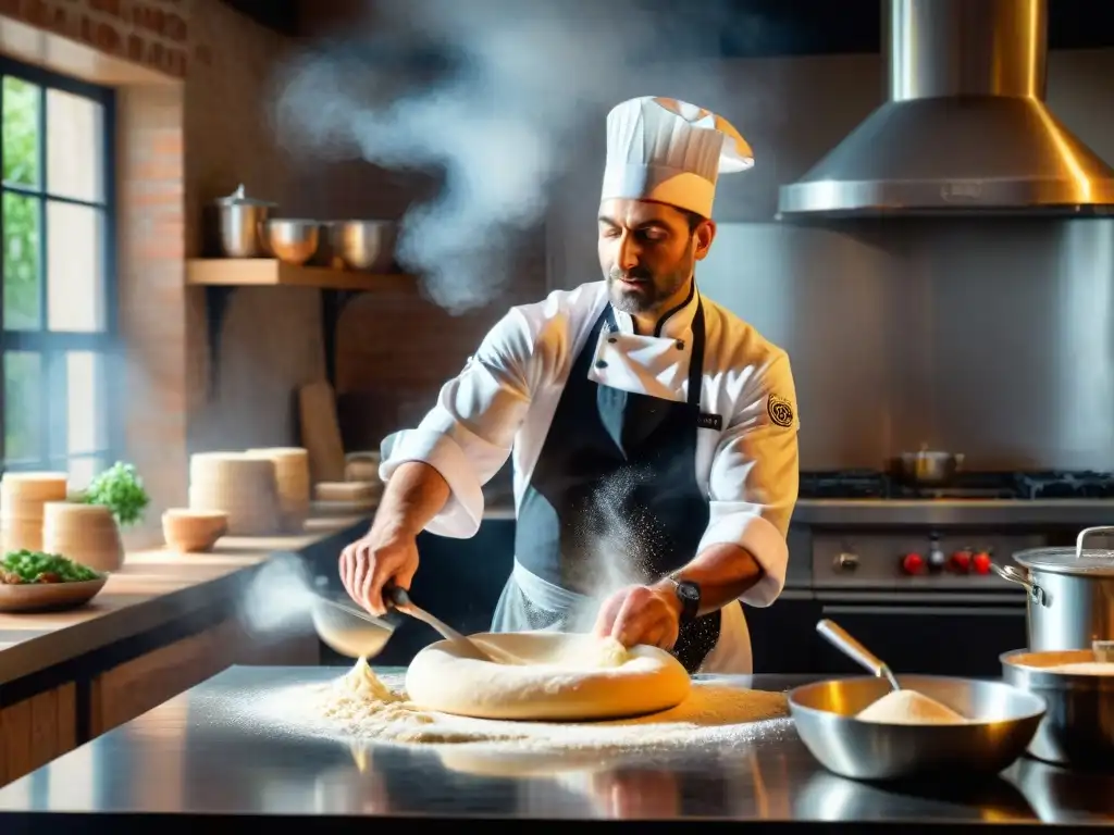 Chef italiano experto haciendo acrobacias con masa de pizza, brillando el sol a través de la ventana