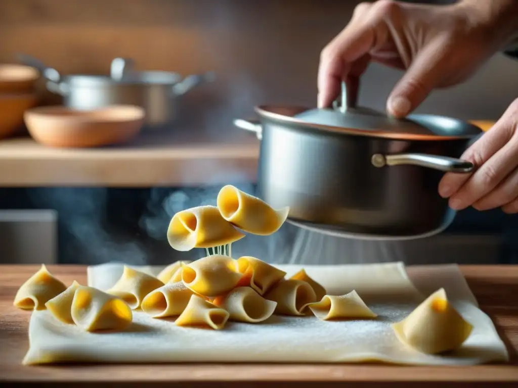 Un chef italiano experto moldea agnolotti a mano en una cocina tradicional, demostrando técnicas de cocina italiana avanzadas