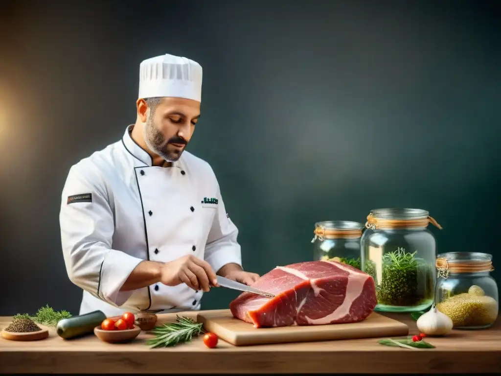 Un chef italiano experto preparando alimentos frescos con técnicas de conservación en frío, envasándolos en frascos vintage