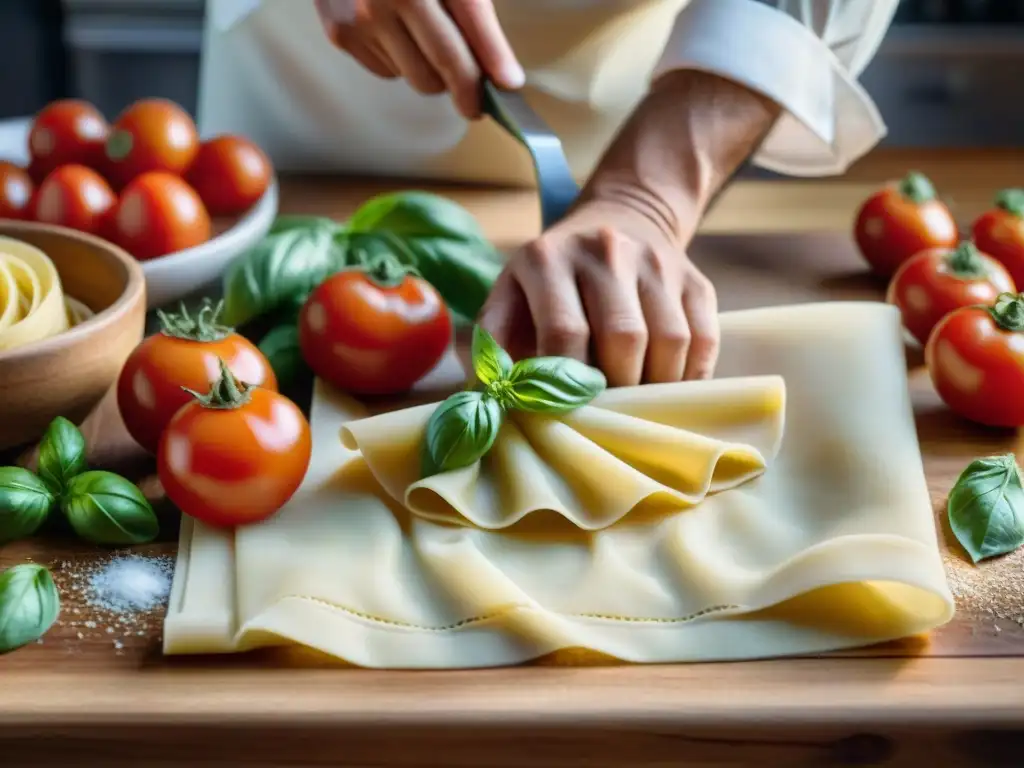 Un chef italiano experto amasa pasta rodeado de ingredientes frescos, mostrando years de experiencia culinaria